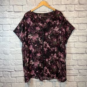5/$25 Covington Woman Plus Size 3X Semi Sheer Blouse Purple Black Short Sleeve